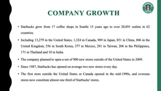 COMPANY GROWTH
• Starbucks grew from 17 coffee shops in Seattle 15 years ago to over 20,891 outlets in 62
countries.
• Including 13,279 in the United States, 1,324 in Canada, 989 in Japan, 851 in China, 806 in the
United Kingdom, 556 in South Korea, 377 in Mexico, 291 in Taiwan, 206 in the Philippines,
171 in Thailand and 10 in India.
• The company planned to open a net of 900 new stores outside of the United States in 2009.
• Since 1987, Starbucks has opened on average two new stores every day.
• The first store outside the United States or Canada opened in the mid-1990s, and overseas
stores now constitute almost one third of Starbucks' stores.
 