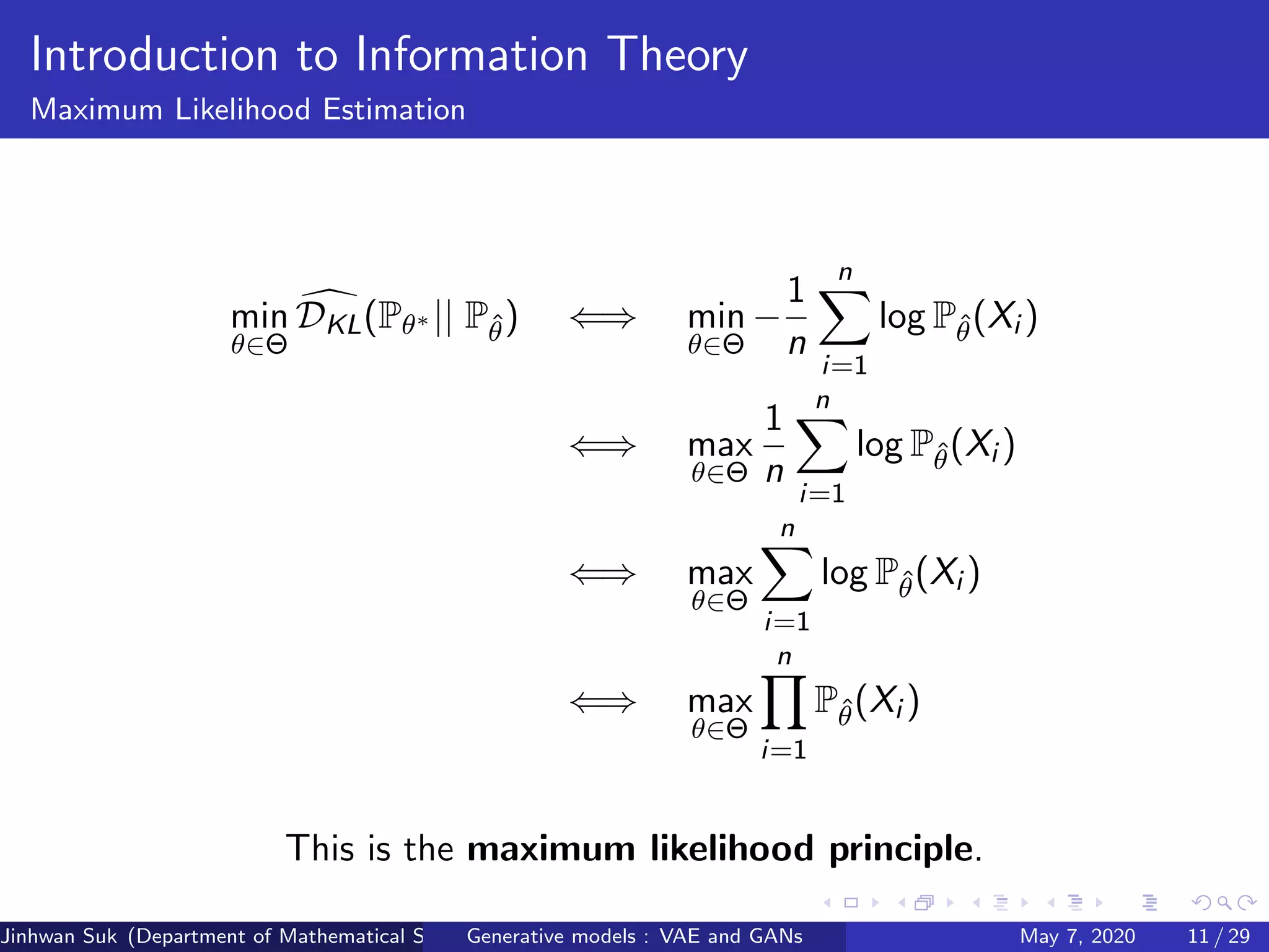 Introduction to Information Theory
Maximum Likelihood Estimation
min
θ∈Θ
DKL(Pθ∗ || Pˆθ) ⇐⇒ min
θ∈Θ
−
1
n
n
i=1
log Pˆθ(Xi )
⇐⇒ max
θ∈Θ
1
n
n
i=1
log Pˆθ(Xi )
⇐⇒ max
θ∈Θ
n
i=1
log Pˆθ(Xi )
⇐⇒ max
θ∈Θ
n
i=1
Pˆθ(Xi )
This is the maximum likelihood principle.
Jinhwan Suk (Department of Mathematical Science, KAIST)Generative models : VAE and GANs May 7, 2020 11 / 29
 