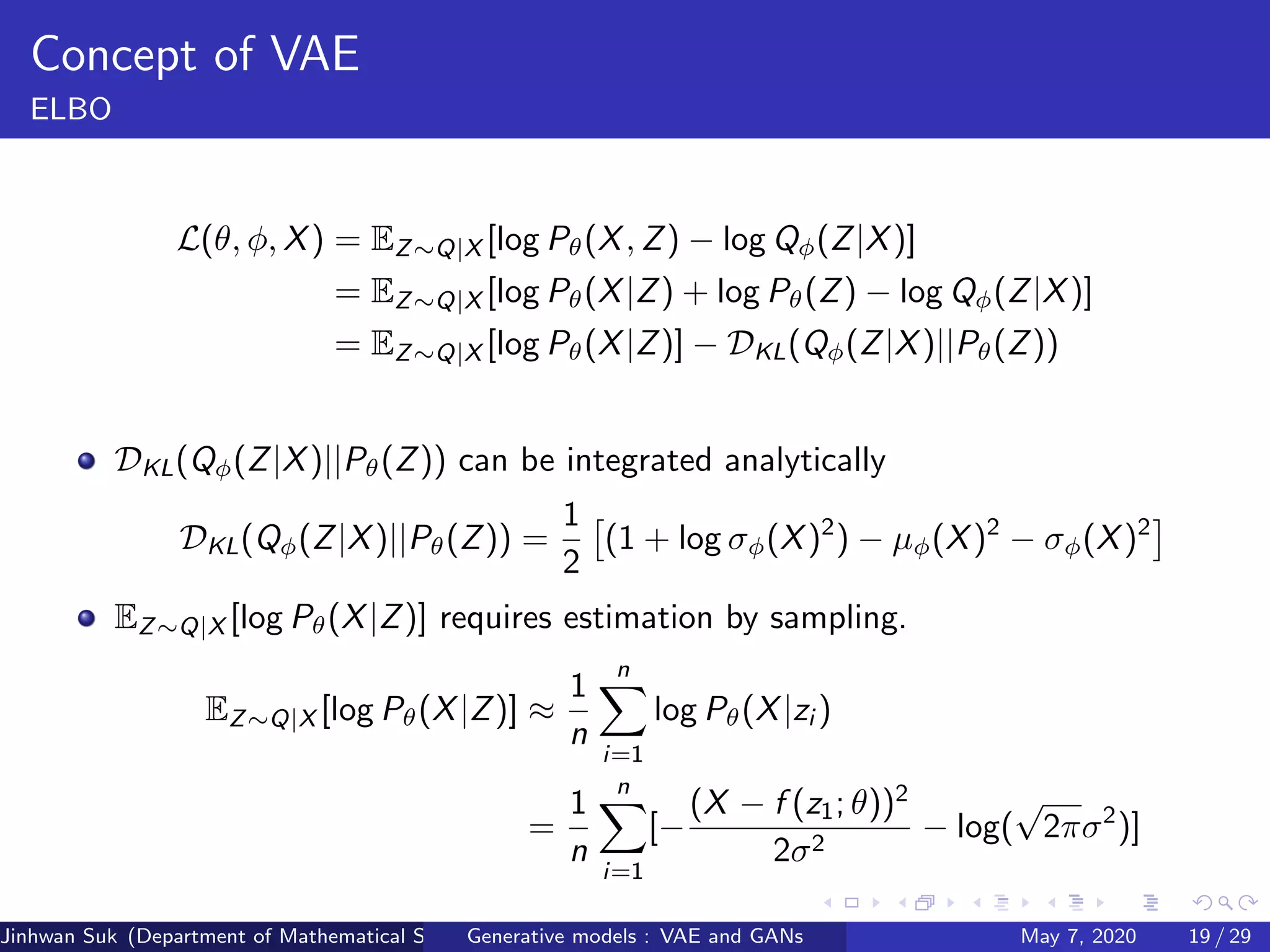 Concept of VAE
ELBO
L(θ, φ, X) = EZ∼Q|X [log Pθ(X, Z) − log Qφ(Z|X)]
= EZ∼Q|X [log Pθ(X|Z) + log Pθ(Z) − log Qφ(Z|X)]
= EZ∼Q|X [log Pθ(X|Z)] − DKL(Qφ(Z|X)||Pθ(Z))
DKL(Qφ(Z|X)||Pθ(Z)) can be integrated analytically
DKL(Qφ(Z|X)||Pθ(Z)) =
1
2
(1 + log σφ(X)2
) − µφ(X)2
− σφ(X)2
EZ∼Q|X [log Pθ(X|Z)] requires estimation by sampling.
EZ∼Q|X [log Pθ(X|Z)] ≈
1
n
n
i=1
log Pθ(X|zi )
=
1
n
n
i=1
[−
(X − f (z1; θ))2
2σ2
− log(
√
2πσ2
)]
Jinhwan Suk (Department of Mathematical Science, KAIST)Generative models : VAE and GANs May 7, 2020 19 / 29
 