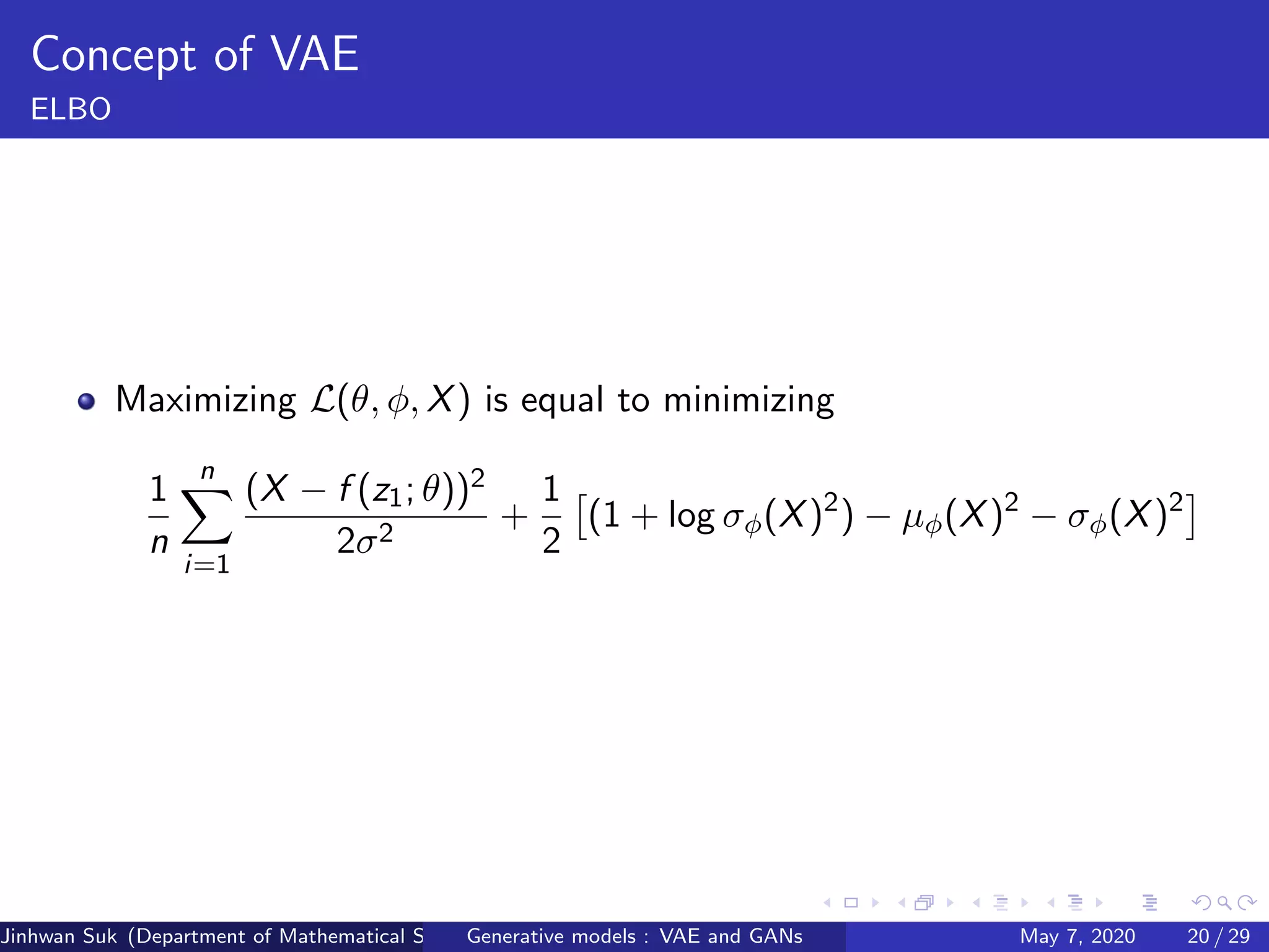 Concept of VAE
ELBO
Maximizing L(θ, φ, X) is equal to minimizing
1
n
n
i=1
(X − f (z1; θ))2
2σ2
+
1
2
(1 + log σφ(X)2
) − µφ(X)2
− σφ(X)2
Jinhwan Suk (Department of Mathematical Science, KAIST)Generative models : VAE and GANs May 7, 2020 20 / 29
 