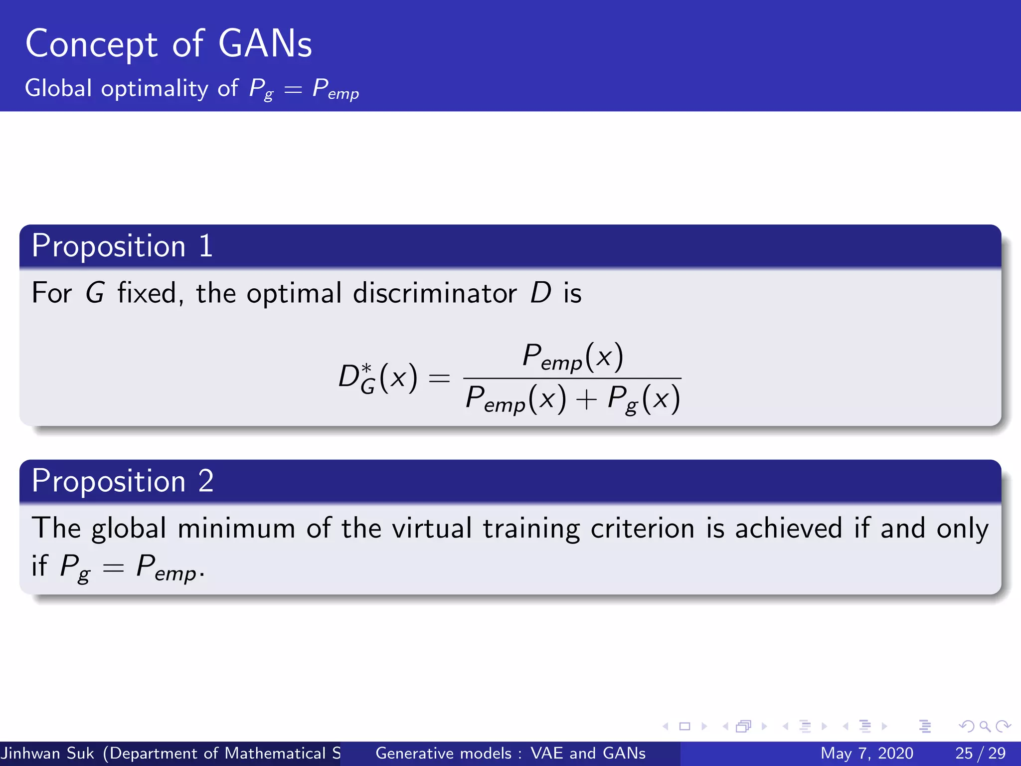 Concept of GANs
Global optimality of Pg = Pemp
Proposition 1
For G ﬁxed, the optimal discriminator D is
D∗
G (x) =
Pemp(x)
Pemp(x) + Pg (x)
Proposition 2
The global minimum of the virtual training criterion is achieved if and only
if Pg = Pemp.
Jinhwan Suk (Department of Mathematical Science, KAIST)Generative models : VAE and GANs May 7, 2020 25 / 29
 