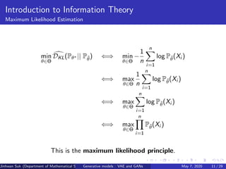 Introduction to Information Theory
Maximum Likelihood Estimation
min
θ∈Θ
DKL(Pθ∗ || Pˆθ) ⇐⇒ min
θ∈Θ
−
1
n
n
i=1
log Pˆθ(Xi )
⇐⇒ max
θ∈Θ
1
n
n
i=1
log Pˆθ(Xi )
⇐⇒ max
θ∈Θ
n
i=1
log Pˆθ(Xi )
⇐⇒ max
θ∈Θ
n
i=1
Pˆθ(Xi )
This is the maximum likelihood principle.
Jinhwan Suk (Department of Mathematical Science, KAIST)Generative models : VAE and GANs May 7, 2020 11 / 29
 