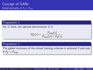 Concept of GANs
Global optimality of Pg = Pemp
Proposition 1
For G ﬁxed, the optimal discriminator D is
D∗
G (x) =
Pemp(x)
Pemp(x) + Pg (x)
Proposition 2
The global minimum of the virtual training criterion is achieved if and only
if Pg = Pemp.
Jinhwan Suk (Department of Mathematical Science, KAIST)Generative models : VAE and GANs May 7, 2020 25 / 29
 
