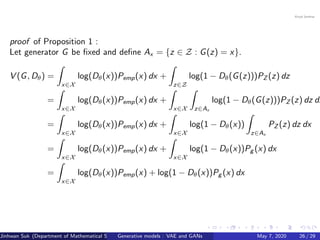 proof of Proposition 1 :
Let generator G be ﬁxed and deﬁne Ax = {z ∈ Z : G(z) = x}.
V (G, Dθ) =
x∈X
log(Dθ(x))Pemp(x) dx +
z∈Z
log(1 − Dθ(G(z)))PZ (z) dz
=
x∈X
log(Dθ(x))Pemp(x) dx +
x∈X z∈Ax
log(1 − Dθ(G(z)))PZ (z) dz dx
=
x∈X
log(Dθ(x))Pemp(x) dx +
x∈X
log(1 − Dθ(x))
z∈Ax
PZ (z) dz dx
=
x∈X
log(Dθ(x))Pemp(x) dx +
x∈X
log(1 − Dθ(x))Pg (x) dx
=
x∈X
log(Dθ(x))Pemp(x) + log(1 − Dθ(x))Pg (x) dx
Jinhwan Suk (Department of Mathematical Science, KAIST)Generative models : VAE and GANs May 7, 2020 26 / 29
 