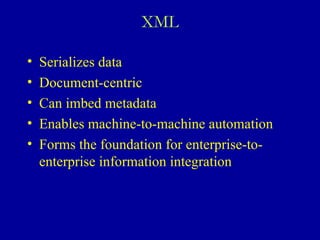 XML Serializes data Document-centric Can imbed metadata Enables machine-to-machine automation Forms the foundation for enterprise-to-enterprise information integration 