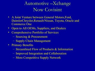 Automotive –Xchange Now Covisint A Joint Venture between General Motors,Ford, DaimlerChrysler,Renault/Nissan, Toyota, Oracle and Commerce One Open to All OEMs, Suppliers, and Dealers Comprehensive Portfolio of Services Sourcing & Procurement Supply Chain Management Primary Benefits Streamlined Flow of Products & Information Improved Integration and Collaboration More Competitive Supply Network 