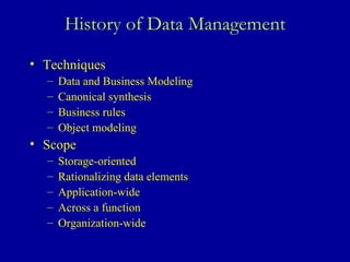 History of Data Management Techniques Data and Business Modeling Canonical synthesis Business rules Object modeling Scope Storage-oriented Rationalizing data elements Application-wide Across a function Organization-wide 