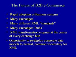 The Future of B2B e-Commerce Rapid adoption e-Business systems Many exchanges Many different XML “standards” Many exchanges “hubs” XML transformation engines at the center of every exchange hub  Opportunity to re-deploy corporate data models to neutral, common vocabulary for XML 