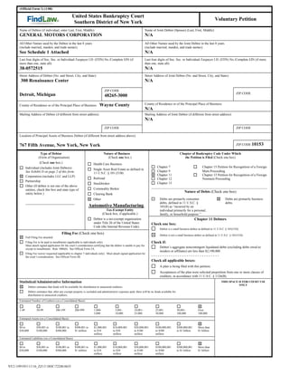 (Official Form 1) (1/08)

                                                        United States Bankruptcy Court
                                                                                                                                                                                        Voluntary Petition
                                                         Southern District of New York
       Name of Debtor (if individual, enter Last, First, Middle):                                                            Name of Joint Debtor (Spouse) (Last, First, Middle):
       GENERAL MOTORS CORPORATION                                                                                            N/A
       All Other Names used by the Debtor in the last 8 years                                                                All Other Names used by the Joint Debtor in the last 8 years
       (include married, maiden, and trade names):                                                                           (include married, maiden, and trade names):
       See Schedule 1 Attached                                                                                               N/A
       Last four digits of Soc. Sec. or Individual-Taxpayer I.D. (ITIN) No./Complete EIN (if                                 Last four digits of Soc. Sec. or Individual-Taxpayer I.D. (ITIN) No./Complete EIN (if more
       more than one, state all):                                                                                            than one, state all):
       38-0572515                                                                                                            N/A
       Street Address of Debtor (No. and Street, City, and State):                                                           Street Address of Joint Debtor (No. and Street, City, and State):
        300 Renaissance Center                                                                                               N/A

                                                                                     ZIP CODE
       Detroit, Michigan                                                                                                                                                                                  ZIP CODE
                                                                                     48265-3000

       County of Residence or of the Principal Place of Business:               Wayne County                                 County of Residence or of the Principal Place of Business:
                                                                                                                             N/A
       Mailing Address of Debtor (if different from street address):                                                         Mailing Address of Joint Debtor (if different from street address):
                                                                                                                             N/A
                                                                                     ZIP CODE                                                                                                             ZIP CODE

       Location of Principal Assets of Business Debtor (if different from street address above):

       767 Fifth Avenue, New York, New York                                                                                                                                                               ZIP CODE 10153

                          Type of Debtor                                             Nature of Business                                                  Chapter of Bankruptcy Code Under Which
                         (Form of Organization)                                         (Check one box.)                                                    the Petition is Filed (Check one box)
                          (Check one box.)                                 Health Care Business
              Individual (includes Joint Debtors)                                                                                     Chapter 7                  Chapter 15 Petition for Recognition of a Foreign
                                                                           Single Asset Real Estate as defined in
              See Exhibit D on page 2 of this form.                                                                                   Chapter 9                  Main Proceeding
                                                                           11 U.S.C. § 101 (51B)
              Corporation (includes LLC and LLP)                                                                                      Chapter 11                 Chapter 15 Petition for Recognition of a Foreign
                                                                           Railroad                                                   Chapter 12                 Nonmain Proceeding
              Partnership
                                                                           Stockbroker                                                Chapter 13
              Other (If debtor is not one of the above                                                                            ______________________________________________________________________
              entities, check this box and state type of                   Commodity Broker
              entity below.)
                                                                                                                                                             Nature of Debts (Check one box)
                                                                           Clearing Bank
                                                                           Other                                                        Debts are primarily consumer                             Debts are primarily business
                                                                                                                                        debts, defined in 11 U.S.C. §                            debts.
                                                                        Automotive Manufacturing_                                       101(8) as “incurred by an
                                                                                      Tax-Exempt Entity                                 individual primarily for a personal,
                                                                                    (Check box, if applicable.)                         family, or household purpose.”
                                                                           Debtor is a tax-exempt organization                                                        Chapter 11 Debtors
                                                                           under Title 26 of the United States                    Check one box:
                                                                           Code (the Internal Revenue Code).
                                                                                                                                        Debtor is a small business debtor as defined in 11 U.S.C. § 101(51D).
                                              Filing Fee (Check one box)                                                                Debtor is not a small business debtor as defined in 11 U.S.C. § 101(51D).
              Full Filing Fee attached
              Filing Fee to be paid in installments (applicable to individuals only)                                              Check if:
              Must attach signed application for the court’s consideration certifying that the debtor is unable to pay fee
              except in installments. Rule 1006(b). See Official Form 3A.
                                                                                                                                        Debtor’s aggregate noncontingent liquidated debts (excluding debts owed to
                                                                                                                                        insiders or affiliates) are less than $2,190,000.
              Filing Fee waiver requested (applicable to chapter 7 individuals only). Must attach signed application for
              the court’s consideration. See Official Form 3B.                                                                    -------------------------------
                                                                                                                                  Check all applicable boxes:
                                                                                                                                        A plan is being filed with this petition.
                                                                                                                                        Acceptances of the plan were solicited prepetition from one or more classes of
                                                                                                                                        creditors, in accordance with 11 U.S.C. § 1126(B).
       Statistical/Administrative Information                                                                                                                                                THIS SPACE IS FOR COURT USE
                                                                                                                                                                                                        ONLY
                Debtor estimates that funds will be available for distribution to unsecured creditors.
                Debtor estimates that, after any exempt property is excluded and administrative expenses paid, there will be no funds available for
                distribution to unsecured creditors.
       Estimated Number of Creditors (on a Consolidated Basis)


       1-49            50-99             100-199          200-999          1,000-              5,001-           10,001-              25,001           50,001-            Over
                                                                           5,000               10,000           25,000               50,000           100,000            100,000
       Estimated Assets (on a Consolidated Basis)


       $0 to           $50,001 to        $100,001 to      $500,001 to      $1,000,001        $10,000,001        $50,000,001          $100,000,001     $500,000,001       More than
       $50,000         $100,000          $500,000         $1 million       to $10            to $50             to $100              to $500          to $1 billion      $1 billion
                                                                           million           million            million              million
       Estimated Liabilities (on a Consolidated Basis)


       $0 to           $50,001 to        $100,001 to      $500,001 to      $1,000,001        $10,000,001        $50,000,001          $100,000,001     $500,000,001       More than
       $50,000         $100,000          $500,000         $1 million       to $10            to $50             to $100              to $500          to $1 billion      $1 billion
                                                                           million           million            million              million



NY2:19919511116_ZZ11!.DOC72240.0635
 