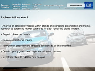 Implementation - Year 1 - Analysis of potential synergies within brands and corporate organization and market research to determine market segments for each remaining brand to target - Begin to phase out brands - Begin organizational change - Formulation of tactical and strategic decisions to be implemented - Develop yearly goals, new corporate vision and mission - Invest heavily in to R&D for new designs Internal & External Analysis Business Level Strategy Corporate Level Strategy Alternative 2 Company Overview Recommendation Implementation Alternative 1 