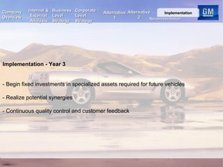 Implementation - Year 3 - Begin fixed investments in specialized assets required for future vehicles - Realize potential synergies - Continuous quality control and customer feedback Internal & External Analysis Business Level Strategy Corporate Level Strategy Alternative 2 Company Overview Implementation Recommendation Alternative 1 