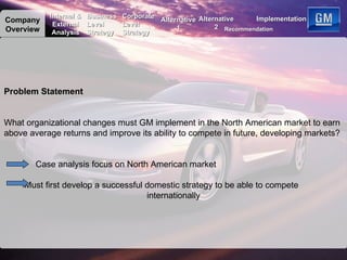 Problem Statement What organizational changes must GM implement in the North American market to earn above average returns and improve its ability to compete in future, developing markets? Case analysis focus on North American market Must first develop a successful domestic strategy to be able to compete  internationally Company Overview Internal & External Analysis Business Level Strategy Corporate Level Strategy Alternative 2 Recommendation Implementation Alternative 1 