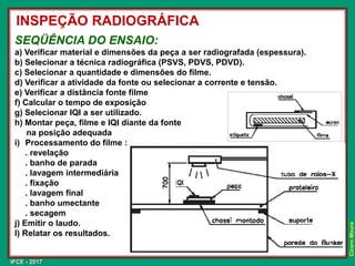 IFCE - 2017
Cícero
Moura
SEQÜÊNCIA DO ENSAIO:
a) Verificar material e dimensões da peça a ser radiografada (espessura).
b) Selecionar a técnica radiográfica (PSVS, PDVS, PDVD).
c) Selecionar a quantidade e dimensões do filme.
d) Verificar a atividade da fonte ou selecionar a corrente e tensão.
e) Verificar a distância fonte filme
f) Calcular o tempo de exposição
g) Selecionar IQI a ser utilizado.
h) Montar peça, filme e IQI diante da fonte
na posição adequada
i) Processamento do filme :
. revelação
. banho de parada
. lavagem intermediária
. fixação
. lavagem final
. banho umectante
. secagem
j) Emitir o laudo.
l) Relatar os resultados.
INSPEÇÃO RADIOGRÁFICA
 