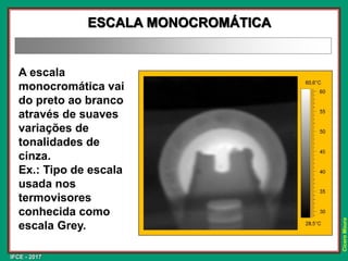 IFCE - 2017
Cícero
Moura
A escala
monocromática vai
do preto ao branco
através de suaves
variações de
tonalidades de
cinza.
Ex.: Tipo de escala
usada nos
termovisores
conhecida como
escala Grey.
ESCALA MONOCROMÁTICA
 