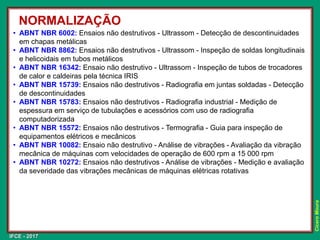IFCE - 2017
Cícero
Moura
• ABNT NBR 6002: Ensaios não destrutivos - Ultrassom - Detecção de descontinuidades
em chapas metálicas
• ABNT NBR 8862: Ensaios não destrutivos - Ultrassom - Inspeção de soldas longitudinais
e helicoidais em tubos metálicos
• ABNT NBR 16342: Ensaio não destrutivo - Ultrassom - Inspeção de tubos de trocadores
de calor e caldeiras pela técnica IRIS
• ABNT NBR 15739: Ensaios não destrutivos - Radiografia em juntas soldadas - Detecção
de descontinuidades
• ABNT NBR 15783: Ensaios não destrutivos - Radiografia industrial - Medição de
espessura em serviço de tubulações e acessórios com uso de radiografia
computadorizada
• ABNT NBR 15572: Ensaios não destrutivos - Termografia - Guia para inspeção de
equipamentos elétricos e mecânicos
• ABNT NBR 10082: Ensaio não destrutivo - Análise de vibrações - Avaliação da vibração
mecânica de máquinas com velocidades de operação de 600 rpm a 15 000 rpm
• ABNT NBR 10272: Ensaios não destrutivos - Análise de vibrações - Medição e avaliação
da severidade das vibrações mecânicas de máquinas elétricas rotativas
NORMALIZAÇÃO
 