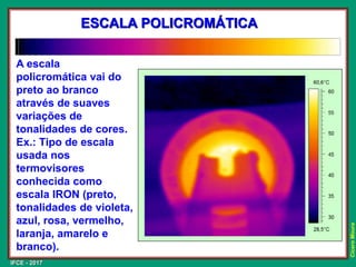 IFCE - 2017
Cícero
Moura
ESCALA POLICROMÁTICA
A escala
policromática vai do
preto ao branco
através de suaves
variações de
tonalidades de cores.
Ex.: Tipo de escala
usada nos
termovisores
conhecida como
escala IRON (preto,
tonalidades de violeta,
azul, rosa, vermelho,
laranja, amarelo e
branco).
 