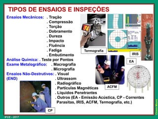 IFCE - 2017
Cícero
Moura
Ensaios Mecânicos: . Tração
. Compressão
. Torção
. Dobramento
. Dureza
. Impacto
. Fluência
. Fadiga
. Embutimento
Análise Química: . Teste por Pontos
Exame Metalográfico: . Macrografia
. Micrografia
Ensaios Não-Destrutivos: . Visual
(END) . Ultrassom
. Radiográfico
. Partículas Magnéticas
. Líquidos Penetrantes
. Outros (EA - Emissão Acústica, CP - Correntes
Parasitas, IRIS, ACFM, Termografia, etc.)
TIPOS DE ENSAIOS E INSPEÇÕES
Termografia
IRIS
ACFM
EA
CP
 