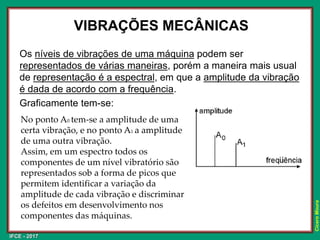 IFCE - 2017
Cícero
Moura
VIBRAÇÕES MECÂNICAS
Os níveis de vibrações de uma máquina podem ser
representados de várias maneiras, porém a maneira mais usual
de representação é a espectral, em que a amplitude da vibração
é dada de acordo com a frequência.
Graficamente tem-se:
No ponto A0 tem-se a amplitude de uma
certa vibração, e no ponto A1 a amplitude
de uma outra vibração.
Assim, em um espectro todos os
componentes de um nível vibratório são
representados sob a forma de picos que
permitem identificar a variação da
amplitude de cada vibração e discriminar
os defeitos em desenvolvimento nos
componentes das máquinas.
 