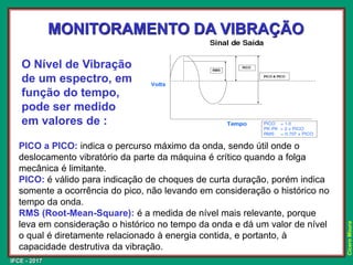 IFCE - 2017
Cícero
Moura
MONITORAMENTO DA VIBRAÇÃO
PICO a PICO: indica o percurso máximo da onda, sendo útil onde o
deslocamento vibratório da parte da máquina é crítico quando a folga
mecânica é limitante.
PICO: é válido para indicação de choques de curta duração, porém indica
somente a ocorrência do pico, não levando em consideração o histórico no
tempo da onda.
RMS (Root-Mean-Square): é a medida de nível mais relevante, porque
leva em consideração o histórico no tempo da onda e dá um valor de nível
o qual é diretamente relacionado à energia contida, e portanto, à
capacidade destrutiva da vibração.
O Nível de Vibração
de um espectro, em
função do tempo,
pode ser medido
em valores de :
 