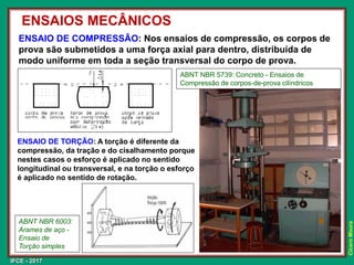 IFCE - 2017
Cícero
Moura
ENSAIO DE COMPRESSÃO: Nos ensaios de compressão, os corpos de
prova são submetidos a uma força axial para dentro, distribuída de
modo uniforme em toda a seção transversal do corpo de prova.
ENSAIO DE TORÇÃO: A torção é diferente da
compressão, da tração e do cisalhamento porque
nestes casos o esforço é aplicado no sentido
longitudinal ou transversal, e na torção o esforço
é aplicado no sentido de rotação.
ENSAIOS MECÂNICOS
ABNT NBR 5739: Concreto - Ensaios de
Compressão de corpos-de-prova cilíndricos
ABNT NBR 6003:
Arames de aço -
Ensaio de
Torção simples
 