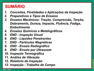 IFCE - 2017
Cícero
Moura
SUMÁRIO
1. Conceitos, Finalidades e Aplicações da Inspeção
2. Preparativos e Tipos de Ensaios
3. Ensaios Mecânicos: Tração, Compressão, Torção,
Dobramento, Dureza, Impacto, Fluência, Fadiga,
Embutimento
4. Ensaios Químicos e Metalográficos
5. END - Inspeção Visual
6. END - Líquidos Penetrantes
7. END - Partículas Magnéticas
8. END - Ensaio Radiográfico
9. END - Ensaio por Ultrassom
10. Inspeção Termográfica
11. Análise de Vibração
12. Relatório de Inspeção
13. Inspeção - Trabalho de Campo
 