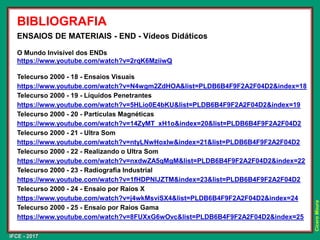 IFCE - 2017
Cícero
Moura
BIBLIOGRAFIA
ENSAIOS DE MATERIAIS - END - Vídeos Didáticos
O Mundo Invisível dos ENDs
https://www.youtube.com/watch?v=2rqK6MziiwQ
Telecurso 2000 - 18 - Ensaios Visuais
https://www.youtube.com/watch?v=N4wgm2ZdHOA&list=PLDB6B4F9F2A2F04D2&index=18
Telecurso 2000 - 19 - Líquidos Penetrantes
https://www.youtube.com/watch?v=5HLio0E4bKU&list=PLDB6B4F9F2A2F04D2&index=19
Telecurso 2000 - 20 - Partículas Magnéticas
https://www.youtube.com/watch?v=14ZyMT_xH1o&index=20&list=PLDB6B4F9F2A2F04D2
Telecurso 2000 - 21 - Ultra Som
https://www.youtube.com/watch?v=ntyLNwHoxlw&index=21&list=PLDB6B4F9F2A2F04D2
Telecurso 2000 - 22 - Realizando o Ultra Som
https://www.youtube.com/watch?v=nxdwZA5qMgM&list=PLDB6B4F9F2A2F04D2&index=22
Telecurso 2000 - 23 - Radiografia Industrial
https://www.youtube.com/watch?v=1fHDPNlJZTM&index=23&list=PLDB6B4F9F2A2F04D2
Telecurso 2000 - 24 - Ensaio por Raios X
https://www.youtube.com/watch?v=j4wkMsviSX4&list=PLDB6B4F9F2A2F04D2&index=24
Telecurso 2000 - 25 - Ensaio por Raios Gama
https://www.youtube.com/watch?v=8FUXxG6wOvc&list=PLDB6B4F9F2A2F04D2&index=25
 