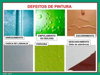 IFCE - 2017
Cícero
Moura
DEFEITOS DE PINTURA
FERVURA
ENRUGAMENTO
ESCORRIMENTO
EMPOLAMENTO
OU BOLHAS
CASCA DE LARANJA
DESCASCAMENTO
(falta de aderência)
 