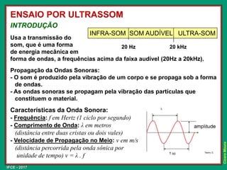 IFCE - 2017
Cícero
Moura
Propagação da Ondas Sonoras:
- O som é produzido pela vibração de um corpo e se propaga sob a forma
de ondas.
- As ondas sonoras se propagam pela vibração das partículas que
constituem o material.
Características da Onda Sonora:
- Frequência: f em Hertz (1 ciclo por segundo)
- Comprimento de Onda: λ em metros
(distância entre duas cristas ou dois vales)
- Velocidade de Propagação no Meio: v em m/s
(distância percorrida pela onda sônica por
unidade de tempo) v = λ . f
ENSAIO POR ULTRASSOM
INTRODUÇÃO
Usa a transmissão do
som, que é uma forma
de energia mecânica em
forma de ondas, a frequências acima da faixa audível (20Hz a 20kHz).
INFRA-SOM SOM AUDÍVEL ULTRA-SOM
20 Hz 20 kHz
 