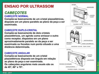 IFCE - 2017
Cícero
Moura
CABEÇOTES
CABEÇOTE NORMAL
Compõe-se basicamente de um cristal piezoelétricos,
disposto em um plano paralelo ao plano da peça a ser
examinada.
CABEÇOTE DUPLO-CRISTAL
Compõe-se basicamente de dois cristais
piezoelétricos, um agindo como emissor e outro
como receptor, dispostos em um plano
aproximadamente paralelo ao da peça a ser
examinada ou focados num ponto situado a uma
distância determinada.
ENSAIO POR ULTRASSOM
CABEÇOTE ANGULAR
Compõe-se basicamente de um cristal
piezoelétricos disposto em ângulo em relação
ao plano da peça a ser examinada.
Os cabeçotes angulares mais usuais são os
de 45°, 60° e 70°.
 