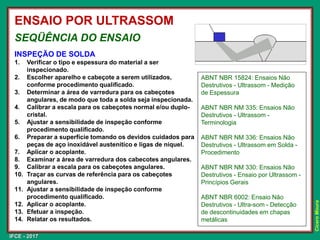 IFCE - 2017
Cícero
Moura
SEQÜÊNCIA DO ENSAIO
INSPEÇÃO DE SOLDA
1. Verificar o tipo e espessura do material a ser
inspecionado.
2. Escolher aparelho e cabeçote a serem utilizados,
conforme procedimento qualificado.
3. Determinar a área de varredura para os cabeçotes
angulares, de modo que toda a solda seja inspecionada.
4. Calibrar a escala para os cabeçotes normal e/ou duplo-
cristal.
5. Ajustar a sensibilidade de inspeção conforme
procedimento qualificado.
6. Preparar a superfície tomando os devidos cuidados para
peças de aço inoxidável austenítico e ligas de níquel.
7. Aplicar o acoplante.
8. Examinar a área de varredura dos cabecotes angulares.
9. Calibrar a escala para os cabeçotes angulares.
10. Traçar as curvas de referência para os cabeçotes
angulares.
11. Ajustar a sensibilidade de inspeção conforme
procedimento qualificado.
12. Aplicar o acoplante.
13. Efetuar a inspeção.
14. Relatar os resultados.
ENSAIO POR ULTRASSOM
ABNT NBR 15824: Ensaios Não
Destrutivos - Ultrassom - Medição
de Espessura
ABNT NBR NM 335: Ensaios Não
Destrutivos - Ultrassom -
Terminologia
ABNT NBR NM 336: Ensaios Não
Destrutivos - Ultrassom em Solda -
Procedimento
ABNT NBR NM 330: Ensaios Não
Destrutivos - Ensaio por Ultrassom -
Princípios Gerais
ABNT NBR 6002: Ensaio Não
Destrutivos - Ultra-som - Detecção
de descontinuidades em chapas
metálicas
 