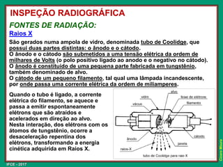 IFCE - 2017
Cícero
Moura
FONTES DE RADIAÇÃO:
Raios X
São gerados numa ampola de vidro, denominada tubo de Coolidge, que
possui duas partes distintas: o ânodo e o cátodo.
O ânodo e o cátodo são submetidos a uma tensão elétrica da ordem de
milhares de Volts (o polo positivo ligado ao anodo e o negativo no cátodo).
O ânodo é constituído de uma pequena parte fabricada em tungstênio,
também denominado de alvo.
O cátodo de um pequeno filamento, tal qual uma lâmpada incandescente,
por onde passa uma corrente elétrica da ordem de miliamperes.
INSPEÇÃO RADIOGRÁFICA
Quando o tubo é ligado, a corrente
elétrica do filamento, se aquece e
passa a emitir espontaneamente
elétrons que são atraídos e
acelerados em direção ao alvo.
Nesta interação, dos elétrons com os
átomos de tungstênio, ocorre a
desaceleração repentina dos
elétrons, transformando a energia
cinética adquirida em Raios X.
 