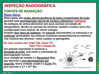 IFCE - 2017
Cícero
Moura
FONTES DE RADIAÇÃO:
Raios Gama
Raios gama são ondas eletromagnéticas de baixo comprimento de onda,
geradas pela desintegração natural de núcleos radioativos (isótopos).
Os isótopos de certos elementos tem seus núcleos em estado de
desequilíbrio, devido ao excesso de nêutrons, tendem a evoluir para uma
configuração mais estável, de menor energia.
Existem dois tipos de isótopos: os naturais (encontrados na natureza) e os
artificiais (produzidos nos reatores nucleares bombardeando-se nêutrons
nos núcleos dos átomos) - estes usados na gamagrafia.
INSPEÇÃO RADIOGRÁFICA
Os mais usados são: Irídio 192, Césio 137,
Túlio 170 e Cobalto 60.
Um aspecto importante é conhecer a
atividade da fonte, que mede a velocidade de
desintegração nuclear.
Uma unidade de medida é o Becquerel (Bq),
que equivale a uma desintegração por
segundo. Outra unidade usada é o Curie (Ci),
que equivale a 3,7 x 1010 Bq.
 