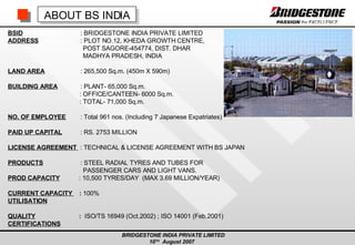 BRIDGESTONE INDIA PRIVATE LIMITED 10 TH   August 2007  ABOUT BS INDIA BSID   : BRIDGESTONE INDIA PRIVATE LIMITED ADDRESS   : PLOT NO.12, KHEDA GROWTH CENTRE, POST SAGORE-454774, DIST. DHAR MADHYA PRADESH, INDIA LAND AREA   : 265,500 Sq.m. (450m X 590m) BUILDING AREA   : PLANT- 65,000 Sq.m. : OFFICE/CANTEEN- 6000 Sq.m. : TOTAL- 71,000 Sq.m. NO. OF EMPLOYEE   : Total 961 nos. (Including 7 Japanese Expatriates) PAID UP CAPITAL   : RS. 2753 MILLION  LICENSE AGREEMENT  : TECHNICAL & LICENSE AGREEMENT WITH BS JAPAN PRODUCTS   : STEEL RADIAL TYRES AND TUBES FOR   PASSENGER CARS AND LIGHT VANS. PROD CAPACITY   : 10,500 TYRES/DAY  (MAX 3.69 MILLION/YEAR) CURRENT CAPACITY  :  100% UTILISATION QUALITY   :  ISO/TS 16949 (Oct.2002) ; ISO 14001 (Feb.2001) CERTIFICATIONS 