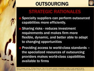 ©2013 Cengage Learning. All Rights Reserved. May not be copied, scanned, or duplicated, in whole or in part, except for use as
permitted in a license distributed with a certain product or service or otherwise on a password-protected website for classroom use.
OUTSOURCING
•
STRATEGIC RATIONALES
■ Specialty suppliers can perform outsourced
capabilities more efficiently.
■ Sharing risks - reduces investment
requirements and makes firm more
flexible, dynamic, and better able to adapt
to changing opportunities
■ Providing access to world-class standards –
the specialized resources of outsourcing
providers makes world-class capabilities
available to firms
 
