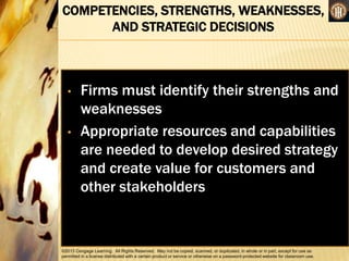 ©2013 Cengage Learning. All Rights Reserved. May not be copied, scanned, or duplicated, in whole or in part, except for use as
permitted in a license distributed with a certain product or service or otherwise on a password-protected website for classroom use.
COMPETENCIES, STRENGTHS, WEAKNESSES,
AND STRATEGIC DECISIONS
•
• Firms must identify their strengths and
weaknesses
• Appropriate resources and capabilities
are needed to develop desired strategy
and create value for customers and
other stakeholders
 