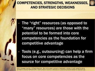 ©2013 Cengage Learning. All Rights Reserved. May not be copied, scanned, or duplicated, in whole or in part, except for use as
permitted in a license distributed with a certain product or service or otherwise on a password-protected website for classroom use.
COMPETENCIES, STRENGTHS, WEAKNESSES,
AND STRATEGIC DECISIONS
•
• The “right” resources (as opposed to
“many” resources) are those with the
potential to be formed into core
competencies as the foundation for
competitive advantage
• Tools (e.g., outsourcing) can help a firm
focus on core competencies as the
source for competitive advantage
 