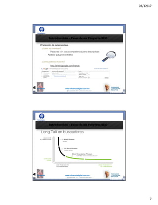 08/12/17
7
@mcielak www.influenciadigital.com.mx
Introducción – Fases de un Proyecto SEO
1º	Selección	de	palabras	clave
¿Cuáles	nos	interesan?
• Palabras con poca competencia pero descriptivas
• Palabras	que	generan	tráfico
¿Cómo	podemos	hacerlo?
• http://www.google.com/trends
@moisescielak 2017 Derechos reservados
@mcielak www.influenciadigital.com.mx
Introducción – Fases de un Proyecto SEO
Long Tail en buscadores
@moisescielak 2017 Derechos reservados
 
