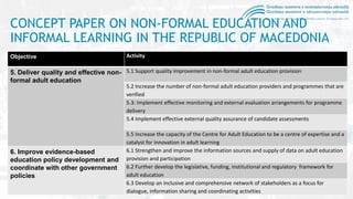 CONCEPT PAPER ON NON-FORMAL EDUCATION AND
INFORMAL LEARNING IN THE REPUBLIC OF MACEDONIA
Objective Activity
5. Deliver qua...