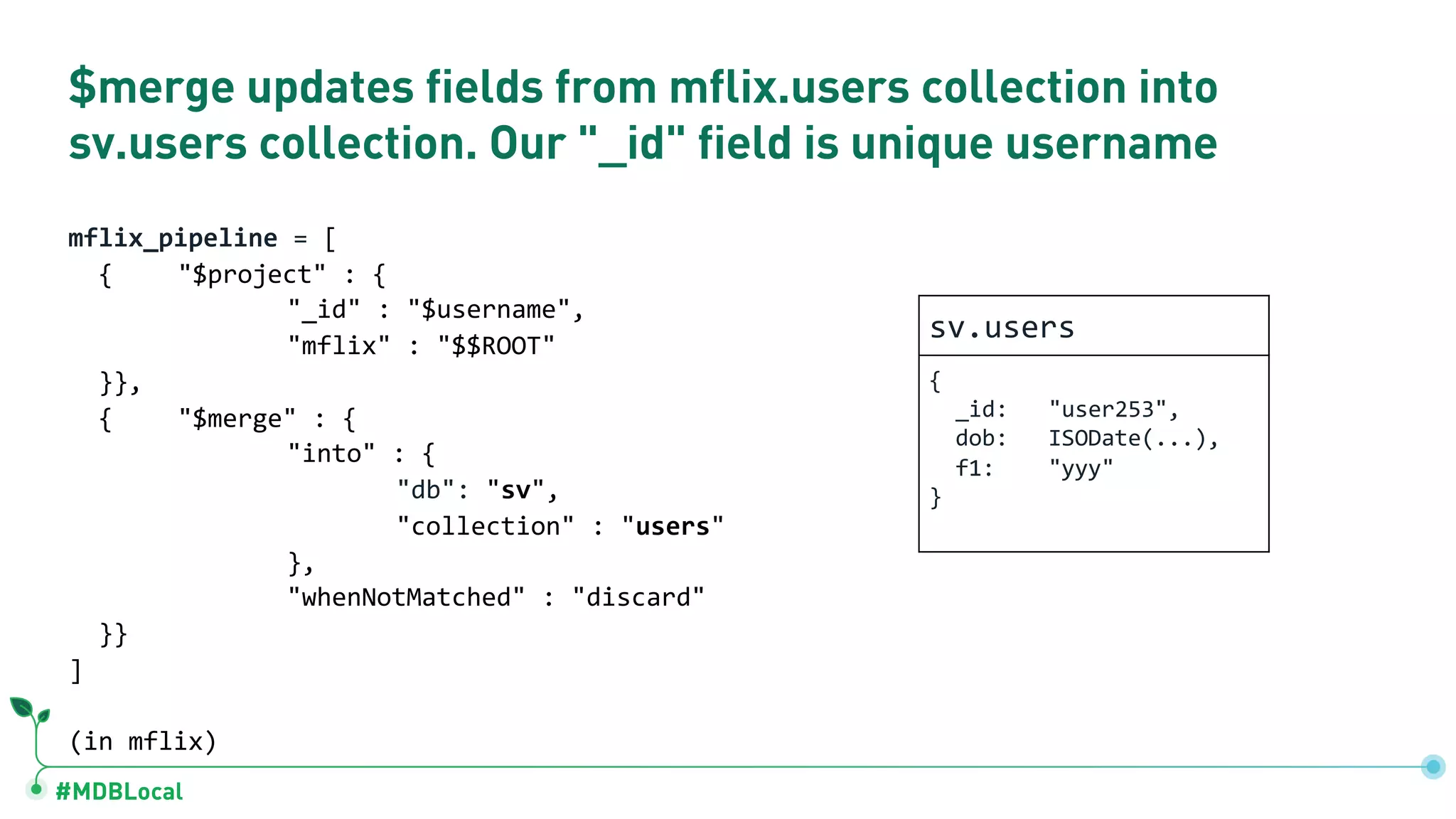 #MDBLocal
$merge updates fields from mflix.users collection into
sv.users collection. Our "_id" field is unique username
mflix_pipeline = [
{ "$project" : {
"_id" : "$username",
"mflix" : "$$ROOT"
}},
{ "$merge" : {
"into" : {
"db": "sv",
"collection" : "users"
},
"whenNotMatched" : "discard"
}}
]
(in mflix)
sv.users
{
_id: "user253",
dob: ISODate(...),
f1: "yyy"
}
 