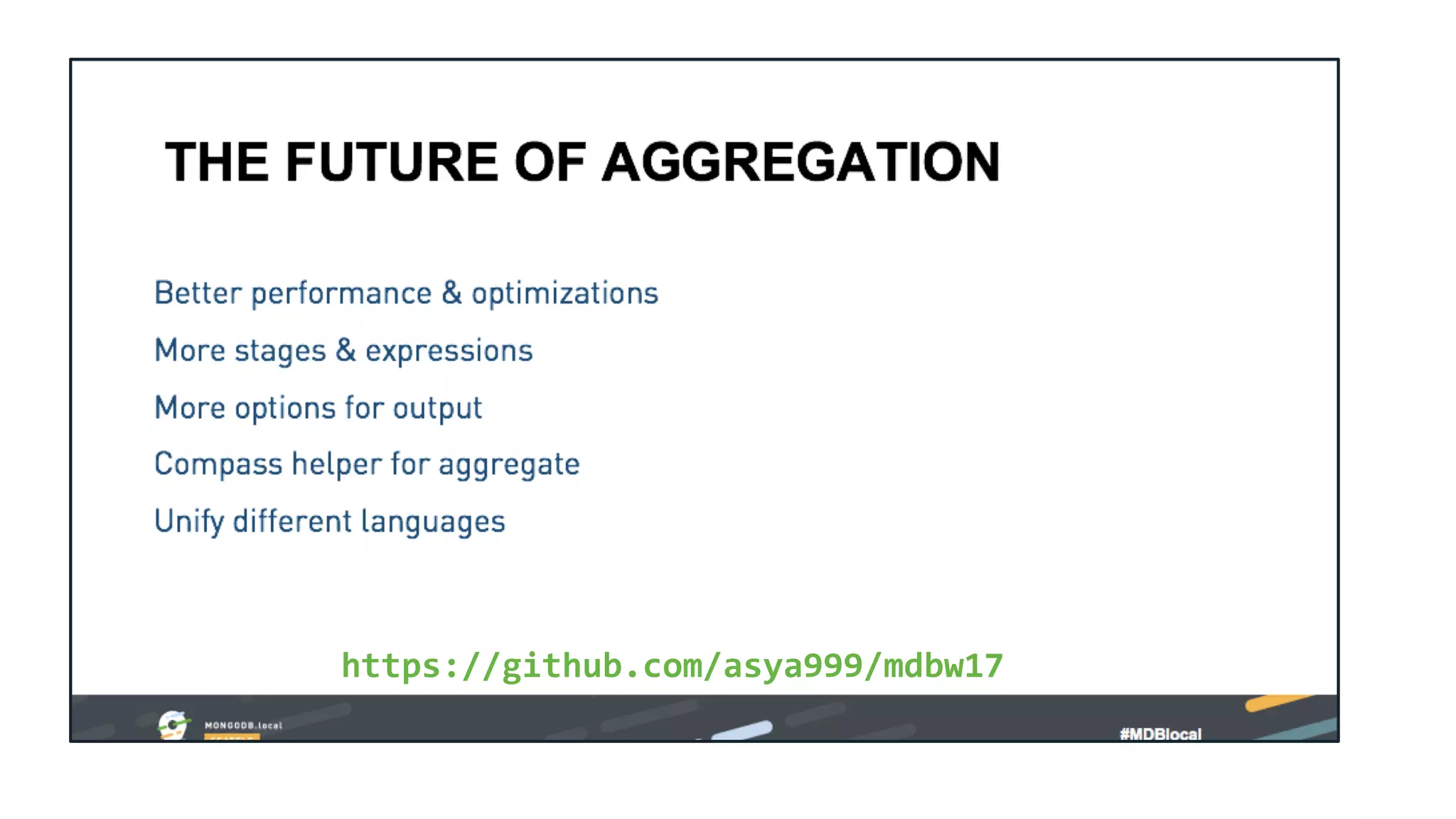 5 minute review
https://github.com/asya999/mdbw17
 