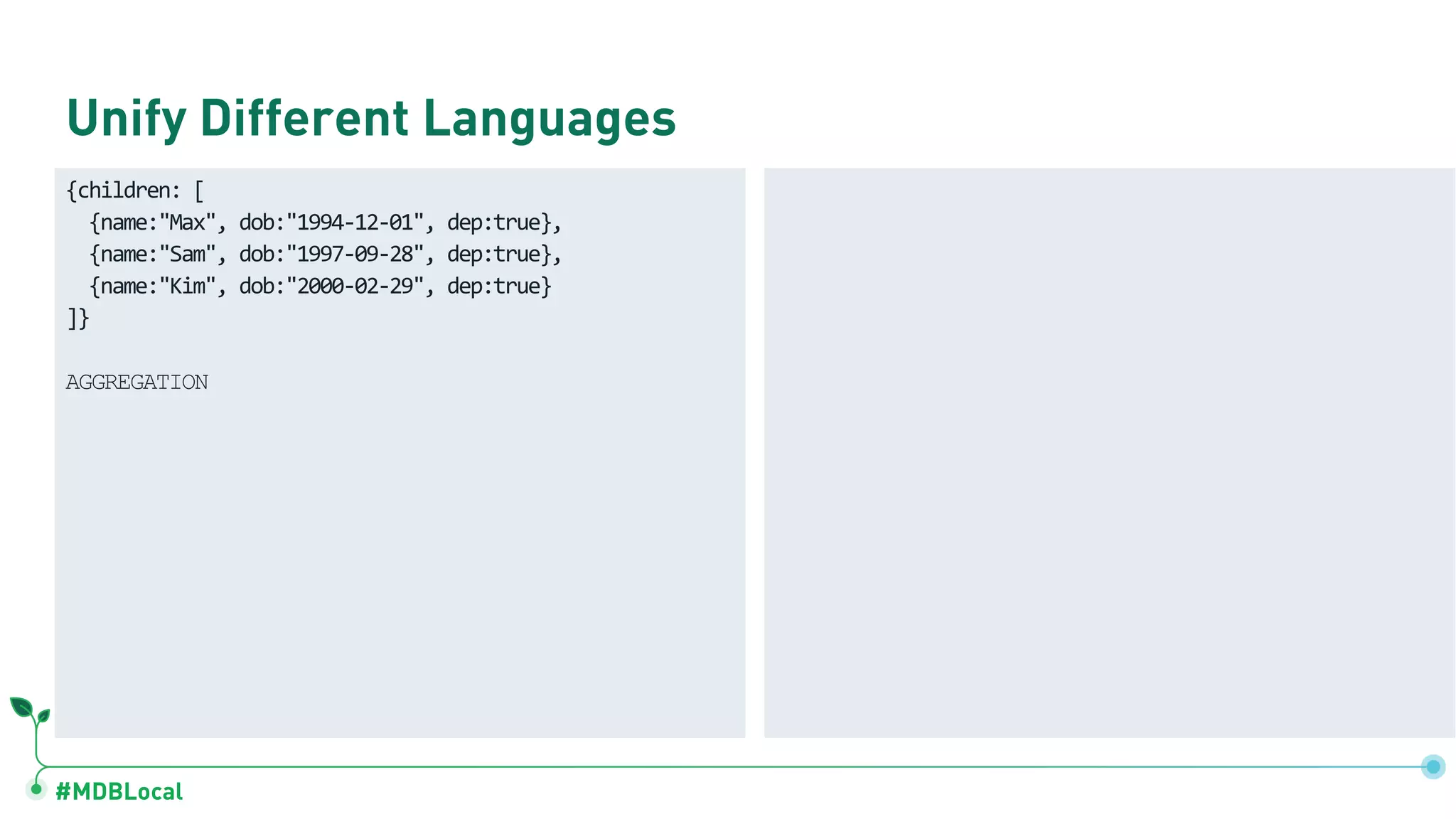 #MDBLocal
Unify Different Languages
{children: [
{name:"Max", dob:"1994-12-01", dep:true},
{name:"Sam", dob:"1997-09-28", dep:true},
{name:"Kim", dob:"2000-02-29", dep:true}
]}
AGGREGATION
 