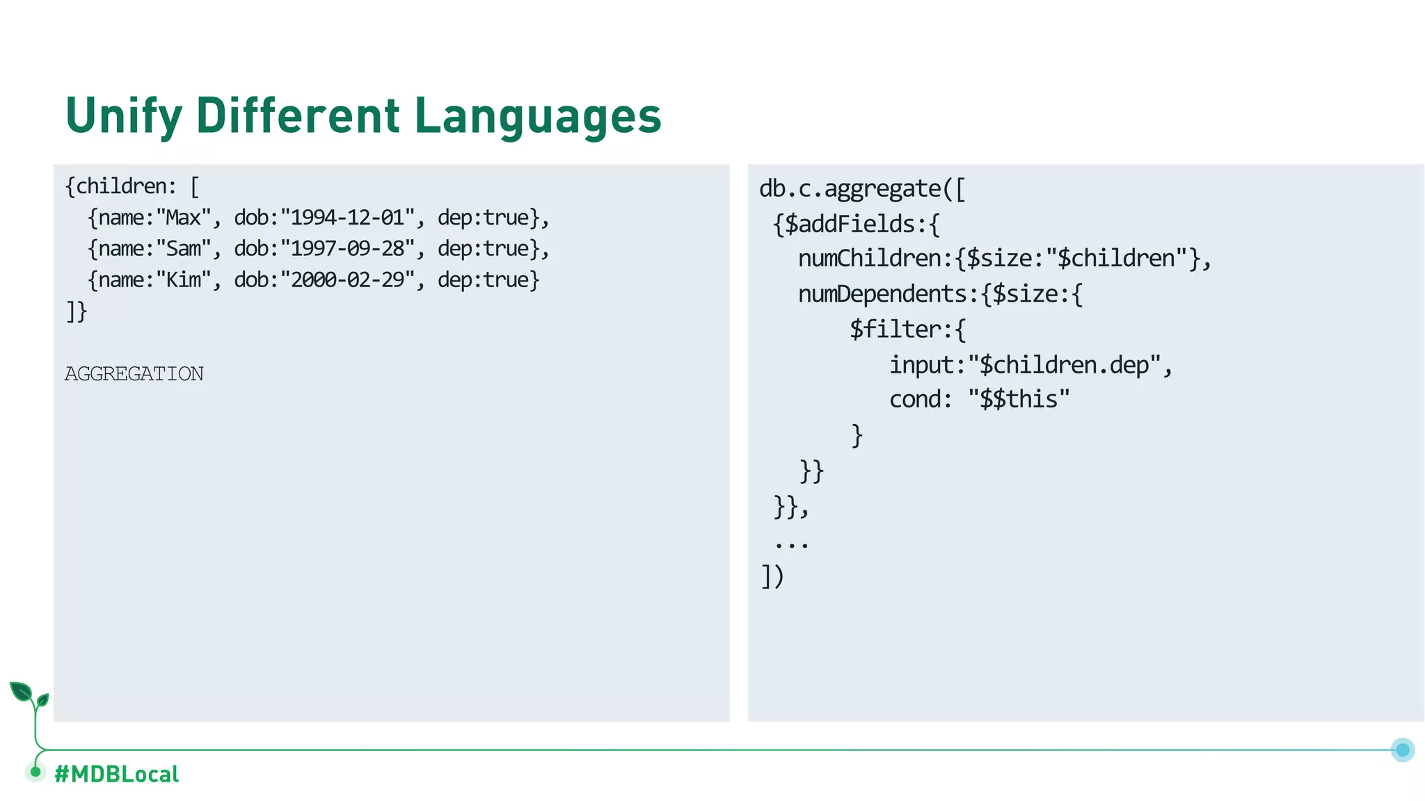 #MDBLocal
Unify Different Languages
{children: [
{name:"Max", dob:"1994-12-01", dep:true},
{name:"Sam", dob:"1997-09-28", dep:true},
{name:"Kim", dob:"2000-02-29", dep:true}
]}
AGGREGATION
db.c.aggregate([
{$addFields:{
numChildren:{$size:"$children"},
numDependents:{$size:{
$filter:{
input:"$children.dep",
cond: "$$this"
}
}}
}},
...
])
 