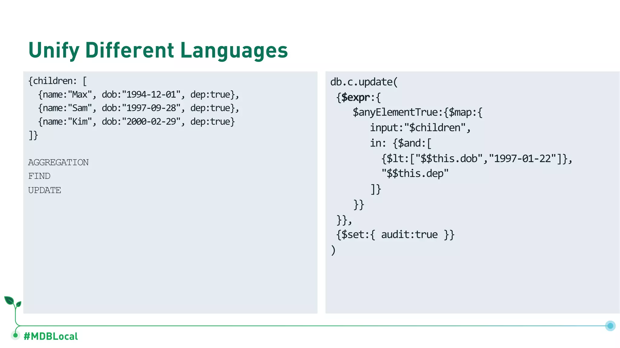 #MDBLocal
Unify Different Languages
{children: [
{name:"Max", dob:"1994-12-01", dep:true},
{name:"Sam", dob:"1997-09-28", dep:true},
{name:"Kim", dob:"2000-02-29", dep:true}
]}
AGGREGATION
FIND
UPDATE
db.c.update(
{$expr:{
$anyElementTrue:{$map:{
input:"$children",
in: {$and:[
{$lt:["$$this.dob","1997-01-22"]},
"$$this.dep"
]}
}}
}},
{$set:{ audit:true }}
)
 