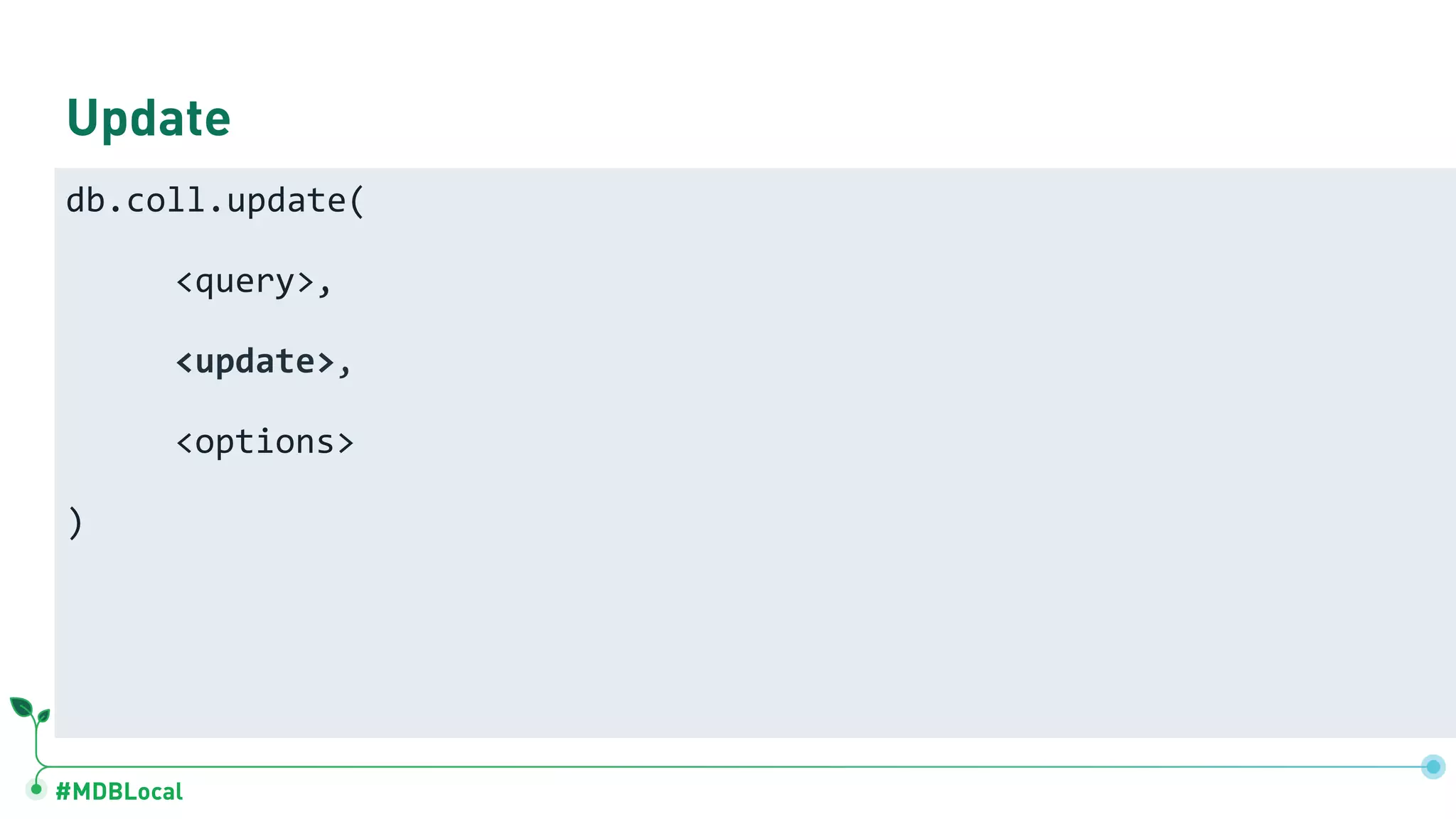 #MDBLocal
Update
db.coll.update(
<query>,
<update>,
<options>
)
 