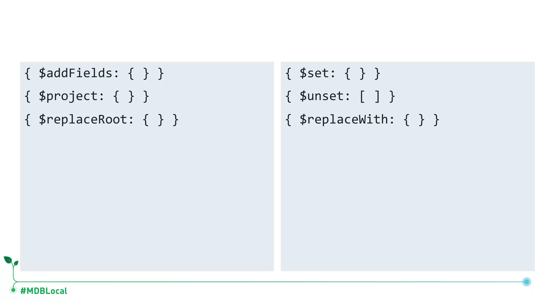 #MDBLocal
{ $addFields: { } }
{ $project: { } }
{ $replaceRoot: { } }
{ $set: { } }
{ $unset: [ ] }
{ $replaceWith: { } }
 