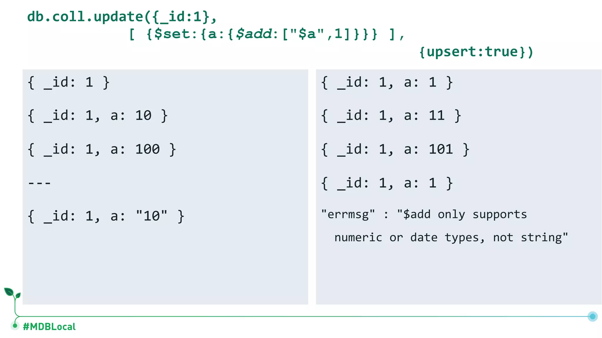 #MDBLocal
{ _id: 1 }
{ _id: 1, a: 10 }
{ _id: 1, a: 100 }
---
{ _id: 1, a: "10" }
{ _id: 1, a: 1 }
{ _id: 1, a: 11 }
{ _id: 1, a: 101 }
{ _id: 1, a: 1 }
"errmsg" : "$add only supports
numeric or date types, not string"
db.coll.update({_id:1},
[ {$set:{a:{$add:["$a",1]}}} ],
{upsert:true})
 