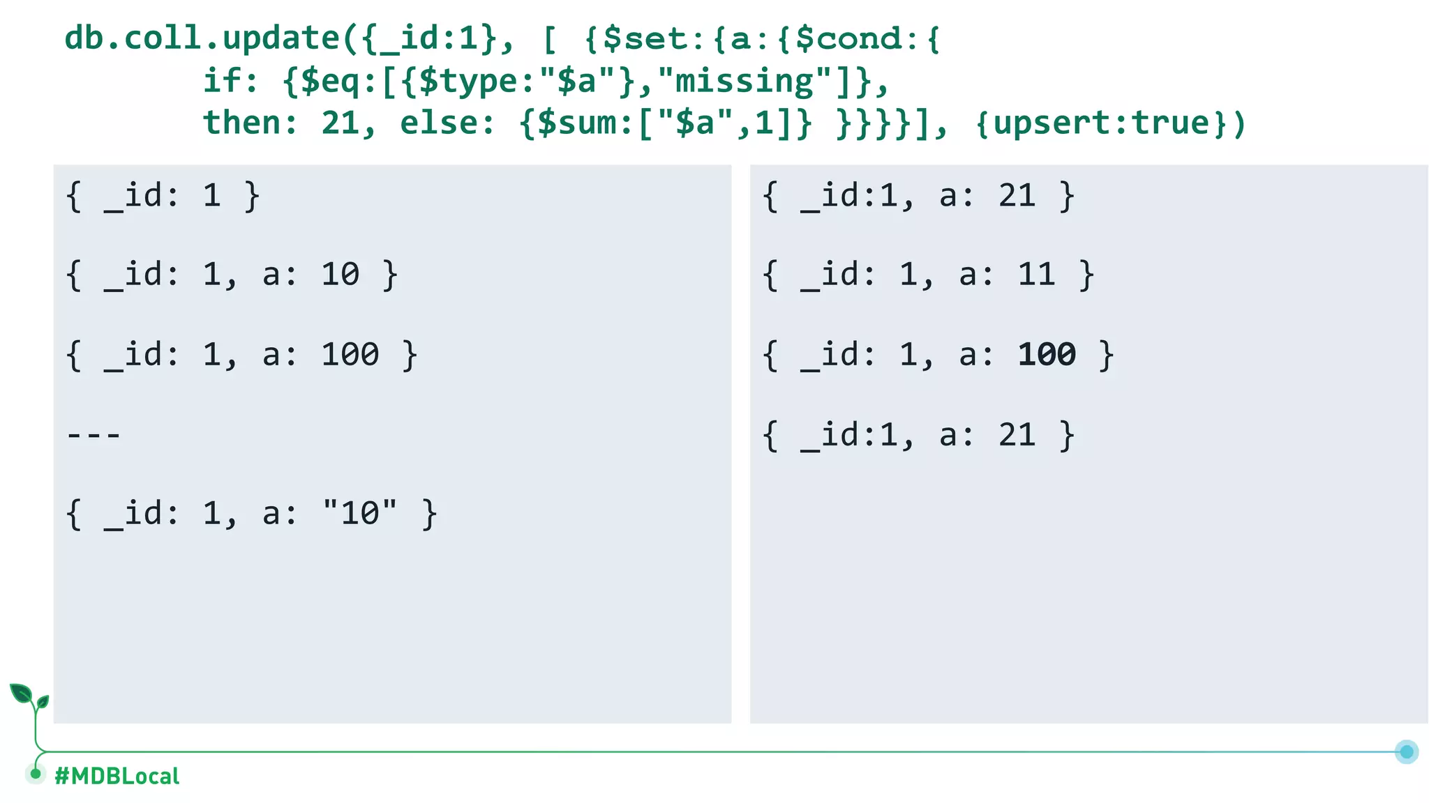 #MDBLocal
{ _id: 1 }
{ _id: 1, a: 10 }
{ _id: 1, a: 100 }
---
{ _id: 1, a: "10" }
{ _id:1, a: 21 }
{ _id: 1, a: 11 }
{ _id: 1, a: 100 }
{ _id:1, a: 21 }
db.coll.update({_id:1}, [ {$set:{a:{$cond:{
if: {$eq:[{$type:"$a"},"missing"]},
then: 21, else: {$sum:["$a",1]} }}}}], {upsert:true})
 