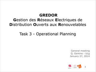 GREDOR 
Gestion des Réseaux Electriques de 
Distribution Ouverts aux Renouvelables 
! 
Task 3 - Operational Planning 
General meeting 
Q. Gemine - ULg 
January 27, 2014 
!1 
 