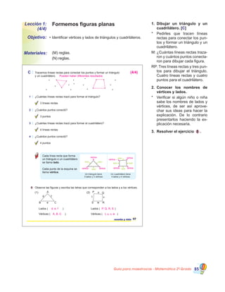 Guía para maestros/as - Matemática 20
Grado 85
67sesenta y siete
C Tracemos líneas rectas para conectar los puntos y formar un triángulo
y un cuadrilátero.
1 ¿Cuántas líneas rectas trazó para formar el triángulo?
3 líneas rectas
2 ¿Cuántos puntos conectó?
3 puntos
(1) (2)
3 ¿Cuántas líneas rectas trazó para formar el cuadrilátero?
4 líneas rectas
4 ¿Cuántos puntos conectó?
4 puntos
Cada línea recta que forma
un triángulo o un cuadrilátero
se llama lado.
Cada punto de la esquina se
llama vértice.
Un triángulo tiene
3 lados y 3 vértices
Un cuadrilátero tiene
4 lados y 4 vértices
lado lado
lado
vértice
vértice vértice lado
lado
lado lado
vértice vértice
vértice
vértice
t
u
w
v
P Q
RS
A
d
e
f
B C
8 Observe las figuras y escriba las letras que corresponden a los lados y a los vértices.
Lados ( )
Vértices ( )
Lados ( )
Vértices ( )
Pueden haber diferentes resultados
(4/4)
d, e, f
A, B, C
P, Q, R, S
t, u, v, w
1.	 Dibujar un triángulo y un
cuadrilátero. [C]
* 	 Pedirles que tracen líneas
rectas para conectar los pun-
tos y formar un triángulo y un
cuadrilátero.
M:	¿Cuántas líneas rectas traza-
ron y cuántos puntos conecta-
ron para dibujar cada figura.
RP: Tres líneas rectas y tres pun-
tos para dibujar el triángulo.
Cuatro líneas rectas y cuatro
puntos para el cuadrilátero.
2.	 Conocer los nombres de
vértices y lados.
*	 Verificar si algún niño o niña
sabe los nombres de lados y
vértices, de ser así aprove-
char sus ideas para hacer la
explicación. De lo contrario
presentarlos haciendo la ex-
plicación necesaria.  
3.	 Resolver el ejercicio 8 .
Formemos figuras planasLección 1:
(4/4)
•	Identificar vértices y lados de triángulos y cuadriláteros.
	 (M) reglas.
	 (N) reglas.
Objetivo:
Materiales:
 