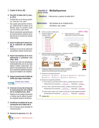 Unidad 7 - Multiplicación98
MultipliquemosLección 2:
(2/12~3/12)
•	Memorizar y aplicar la tabla del 2.
	 (M) tarjetas de la multiplicación.
	 (N) tijeras, clip, sobre.
Objetivo:
Materiales:
1.	 Captar el tema. [B]
2.	 Escribir la tabla del 2 y leer-
la. [B1]
*	 Puede leer en la forma prácti-
ca, “dos por uno, dos”.
*	 Se puede aprovechar el tiem-
po, elaborando la tabla en la
lámina para la pizarra junto
con los niños y las niñas.
*	 Dar la orientación general para
la memorización usando la ta-
bla escrita en la lámina (véase
Columnas).
3.	 Decir la tabla del 2 observan-
do la colección de pelotas.
[B2]
*	 Explicar el uso de la colección
de pelotas (véase Columnas).
4.	 Hacer las tarjetas de la mul-
tiplicación y practicar con
ellas. [B3]
*	 Indicar que esta vez practiquen
individualmente con el uso más
básico (véase Columnas). Ex-
plicar el procedimiento de prác-
tica usando las tarjetas prepara-
da por el maestro o la maestra.
5.	 Seguir practicando la tabla de
modo que logre memorizar.
B Vamos a practicar la tabla del 2.
72 setenta y dos
1 Escriba la tabla del 2
y léala en orden.
2 Diga la tabla del 2 en orden
observando la colección de pelotas.
Tabla del 2
2 x 1 = 2
3 Haga las tarjetas de la multiplicación y practique con ellas.
(Se puede usar las páginas para recortar.)
4 Escriba su nombre en la hoja de memorización de la tabla de
multiplicación (páginas para recortar) y pídale al maestro o la
maestra la firma cuando pueda memorizar la tabla.
1 Resuelva los siguientes ejercicios.
(1) 2 x 8 = (2) 2 x 2 = (3) 2 x 5 = (4) 2 x 9 = (5) 2 x 3 =
(6) 2 x 6 = (7) 2 x 7 = (8) 2 x 4 = (9) 2 x 1 =
2 Resuelva los siguientes problemas.
Planteamiento de la operación: ______________ Respuesta: ___________
Planteamiento de la operación: ______________ Respuesta: ___________
Planteamiento de la operación: ______________ Respuesta: ___________
(1)
(2)
(3)
Hay 2 llaveros y cada llavero tiene 6 llaves, ¿cuántas llaves hay en total?
Hay 2 niños y cada niño tiene 8 mentas, ¿cuántas mentas hay en total?
María compró 2 cajas y hay 1 pastel en cada caja. ¿Cuántos pasteles tiene María?
Cara Reves
2 x 2
!Correcto!
6
Dos por
tres, seis.
Debes agrupar
las tarjetas en que te
equivocaste y practícalas
muchas veces.
Vamos a decir la
tabla del 2 cubriendo la
parte que no se necesita de
la colección depelotas.
16 4 10 18 6
12 14 8 2
2 x 2 = 4
2 x 3 = 6
2 x 4 = 8
2 x 5 = 10
2 x 6 = 12
2 x 7 = 14
2 x 8 = 16
2 x 6 = 12
2 x 8 = 16
2 x 1 = 2
16 mentas
2 pasteles
12 llaves
(2/12 ~ 3/12)
2 x 9 = 18
6.	 Conocer el uso de la hoja de
la memorización de la tabla
de la multiplicación. [B4]
*	 Explicareluso(véaseColumnas)
y motivar que la utilicen buscan-
do cualquier espacio del tiempo.
7.	 Confirmar el estado de la me-
morización de la tabla del 2.
*	 Dar el tiempo para desafiar la
memorización.
8.	 Resolver los ejercicios 1 y 2 .
[Hasta aquí clase]
 